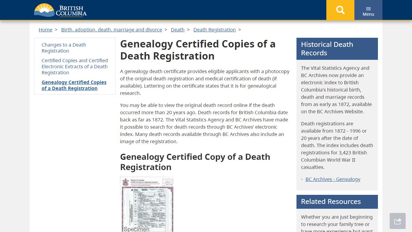 Genealogy Certified Copies of a Death ... - British Columbia